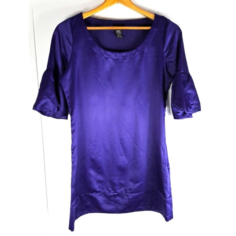 Women's Mixit Tunic Dress Satin Blue Purple Violet Peplum Sleeves Sheath Medium